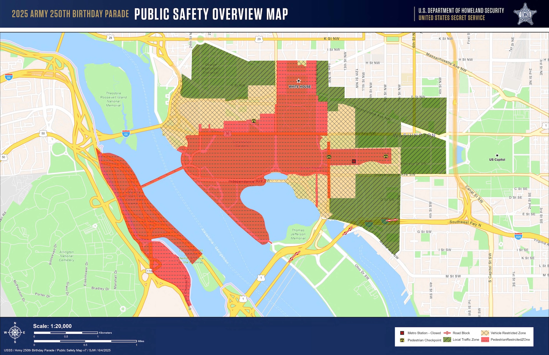 Map of Washington D.C. and Arlington, VA showing traffic restrictions during 2025 Army 250th Birthday Parade. Restricted zones include Columbia Island and the blocks of Washington D.C. within Foggy bottom, south of Pennsylvania Ave, west of 7th Avenue and north of I street