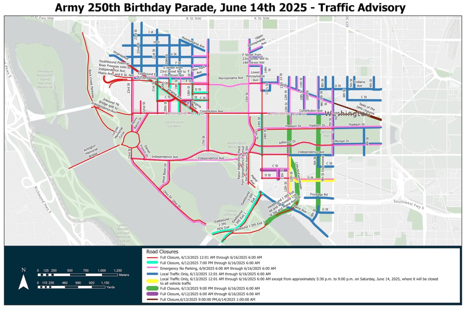 Map of road closures in the area surrounding the National Mall on June 14, 2025, for the Army 250th Birthday Parade